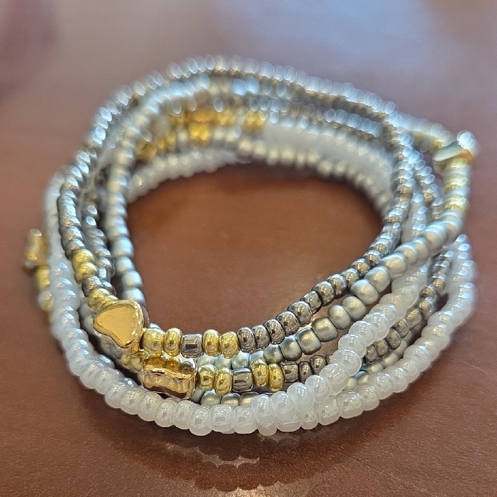 Elegant Gold, Silver & Wjite Beaded Bracelet Set